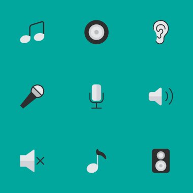 Vektör çizim basit ses simgeler kümesi. Öğeleri müzik işareti, dinle, hoparlör ve diğer eş anlamlı amplifikatör, işaret ve hoparlör.