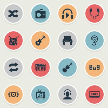 Vektör çizim basit Melody simgeler kümesi. Öğeleri kulaklık, hoparlör, duymak ve diğer eş anlamlı Synthesizer, dinle ve hoparlör.