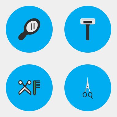 Vektör çizim basit Kuaför simgeler kümesi. Öğeleri tarak, makas, tıraş makinesi ve diğer eş anlamlı makas, tıraş makinesi ve kesme makineleri.