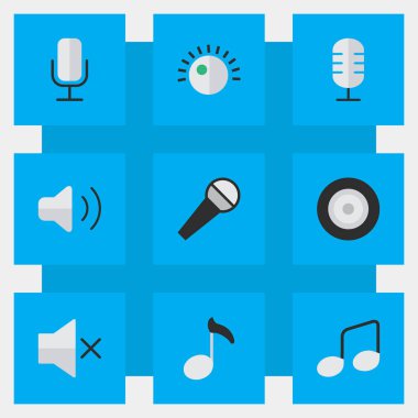 Vektör çizim basit simgeler kümesi. Öğeleri hoparlör, regülatör, mikrofon ve diğer eş anlamlı müzik, ses ve mikrofon.