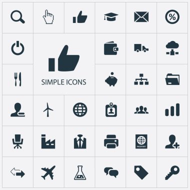 Vektör illüstrasyon iş basit simgeler kümesi. Öğeleri imleç, iş koltuk, bulut depolama ve diğer eş anlamlı kullanıcı ok ve Bar.