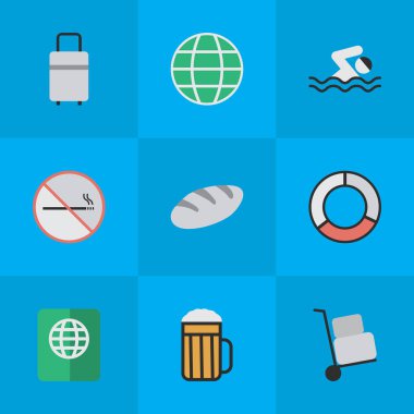 Vektör çizim basit tatil simgeler kümesi. Öğeleri deniz kurtarma, dünya, ekmek ve diğer eş anlamlı Havuzu, kamyon ve el.