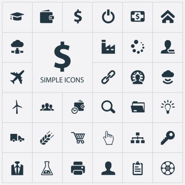 Vektör çizim basit ticaret simgeler kümesi. Öğeleri çanta, istemci, kablosuz firma ve diğer eş, veritabanı ve çanta.