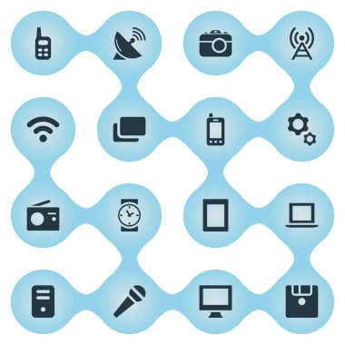 Vektör çizim basit dijital simgeler kümesi. Fotoğraf çekme, Laptop, telsiz ve diğer eş anlamlı radyoları elemanları bağlantı ve dokunmatik.