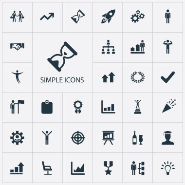 Vektör çizim basit kupa simgeler kümesi. Öğeleri ortakları, ışıltı, zafer ve diğer eş anlamlı karikatür işareti ve ok.