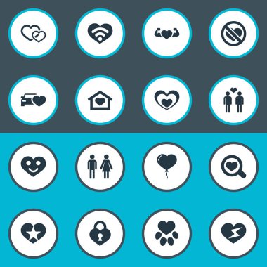 Vektör çizim basit aşk simgeler kümesi. Öğeleri Flash, Hearts, ayak izi ve diğer eş anlamlı Büyüteç, Flash ve No.