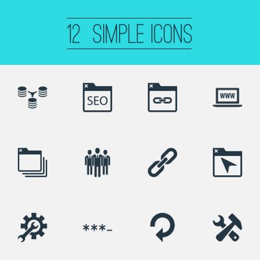 Vektör çizim basit arama simgeler kümesi. Öğeleri araçları, enstrüman, yenileme ve diğer eş anlamlı personel, en iyi duruma getirme ve şartlı tahliye.