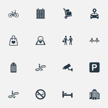 Vektör çizim basit altyapı simgeler kümesi. Öğeleri Havaalanı sepeti, Bisiklet, el sıkışma eş anlamlı Mimarlık, mobilya ve araba.