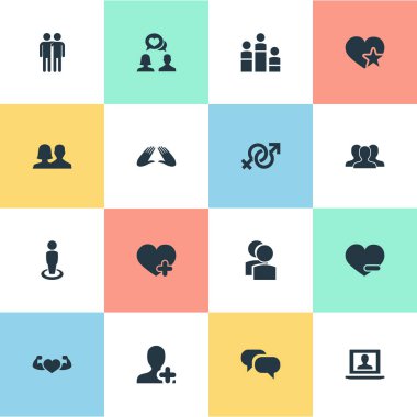 Vektör çizim basit arkadaşları simgeler kümesi. Öğeleri dedikodu, ortak, favori ve diğer eş anlamlı bilme, çift ve kalp.