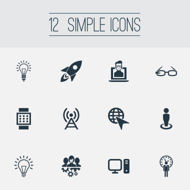 Vektör çizim basit yaratıcılık simgeler kümesi. Öğeleri lamba, akıllı izle, füze ve diğer eş yüksek teknoloji, insan ve zihin.