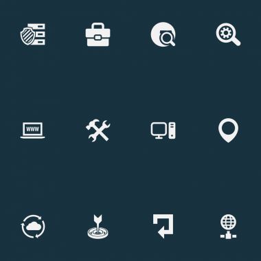 Vektör çizim basit inceleme simgeler kümesi. Öğeleri tarayıcı, Küre, Pc ve diğer eş anlamlı Globe, Büyüteç'i ve birim.