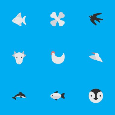 Vektör çizim basit Hayvanat Bahçesi simgeler kümesi. Öğeleri vinç, iskelet, horoz ve diğer eş anlamlı süt, deniz ürünleri ve yunus.