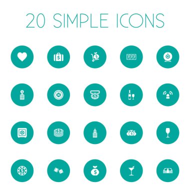 Vektör çizim basit Casino simgeler kümesi. Öğeleri banka, çuval, içecek ve diğer eşanlamlı 777, paran ve portföy.