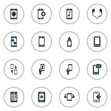Vektör çizim basit simgeler kümesi. Öğeleri korumak, sayılar, alev ve diğer eş anlamlı bağlantı aygıtı ve Smartphone.