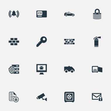 Vektör çizim basit emniyet simgeler kümesi. Öğeleri söndürücü, Camion, polis otomobil ve diğer eş anlamlı duvar, korumalı ve kilitli.