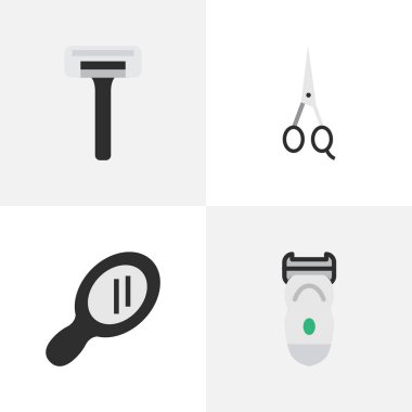 Vektör çizim basit Kuaför simgeler kümesi. Öğeleri makas, cam, elektronik ve diğer eş anlamlı tıraş makinesi, makas ve makine.