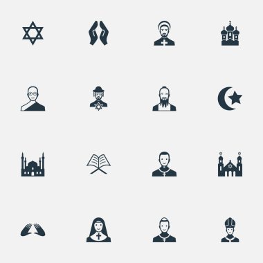 Vektör çizim basit din simgeler kümesi. Öğeleri David Star, Şapel, din adamı ve diğer eş anlamlı David, yıldızlı ve papaz.