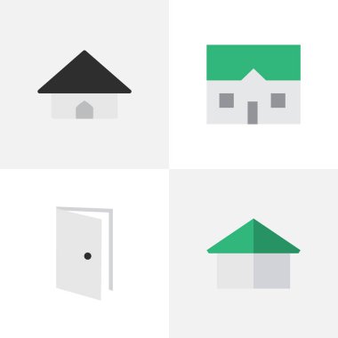 Vektör çizim basit özellik simgeler kümesi. Öğeleri Bankası, giriş, Mimarlık ve diğer eş anlamlı kapı, Bina ve giriş.