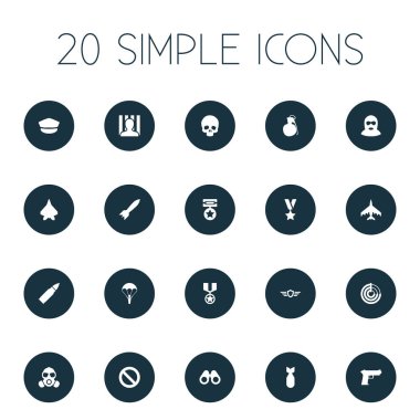 Vektör çizim basit savaş simgeler kümesi. Öğeleri şapka, ödül, silah ve diğer eş zehir, solunum ve savaş uçağı.