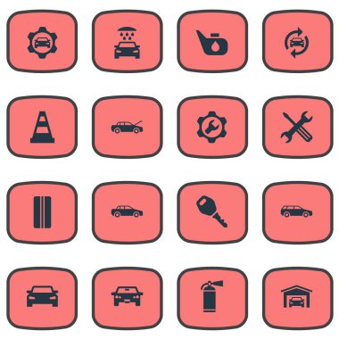 Vektör çizim basit otomobil simgeler kümesi. Hizmet verme, atölye, kilit ve diğer eş anlamlı bina, dikkat ve tekerlek öğeleri.