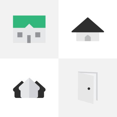 Vektör çizim basit özellik simgeler kümesi. Öğeleri House, Bankası, özelliği ve diğer eş anlamlı özelliği açık ve kapı.