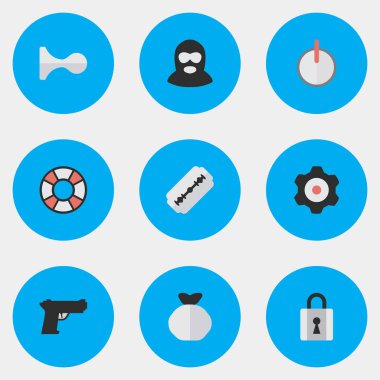 Vektör çizim basit suç simgeler kümesi. Öğeleri cankurtaran, Blade, dişli ve diğer eş vurdu, silah ve dişli.