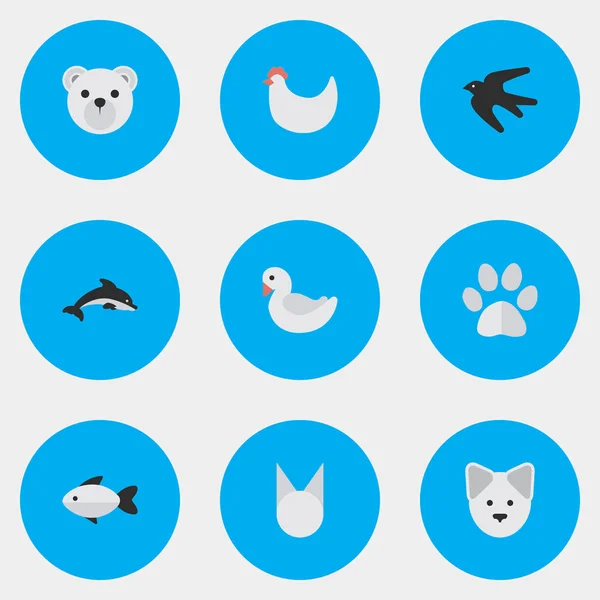 Wektor ilustracja zestaw prostych ikon dziki. Elementy Panda, kotów, ryb synonimy stóp, kogut i okoń. — Wektor stockowy