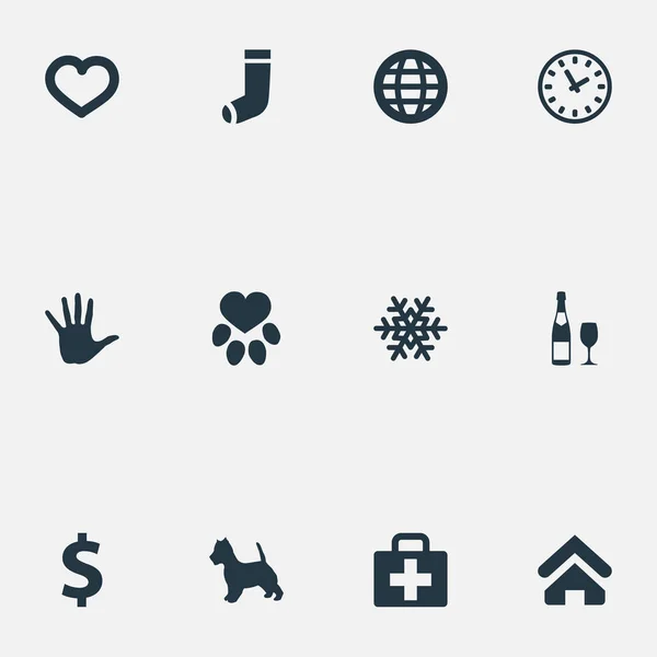 Vector Illustration Set of Simple Household Icons. Elementos Huella, Mano, Sinónimos de Alcohol Corazón, Medicina y Tiempo . — Vector de stock