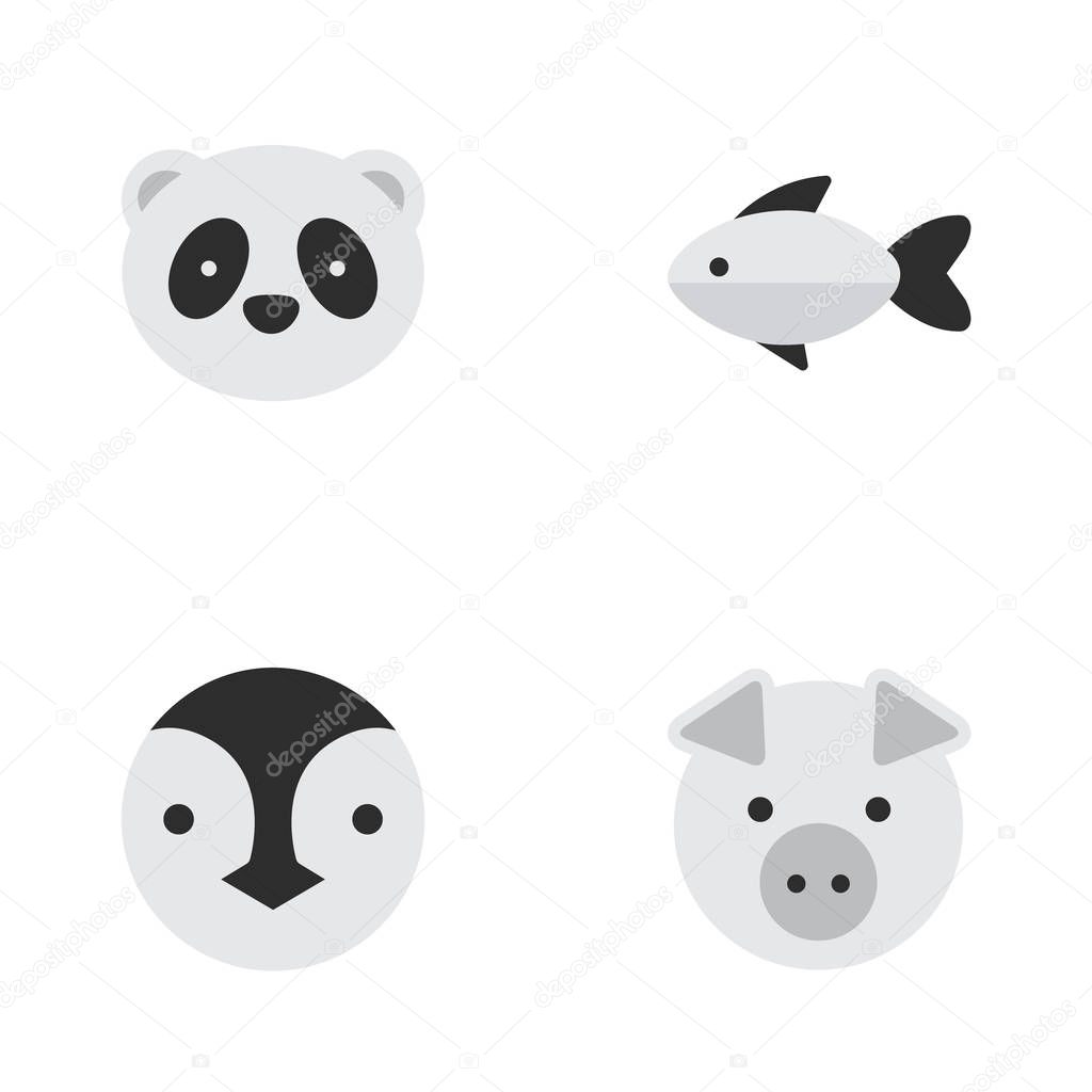 Vector Illustration Set Of Simple Fauna Icons. Elements Bear, Piggy, Flightless Bird And Other Synonyms Fish, Flightless And Pig.