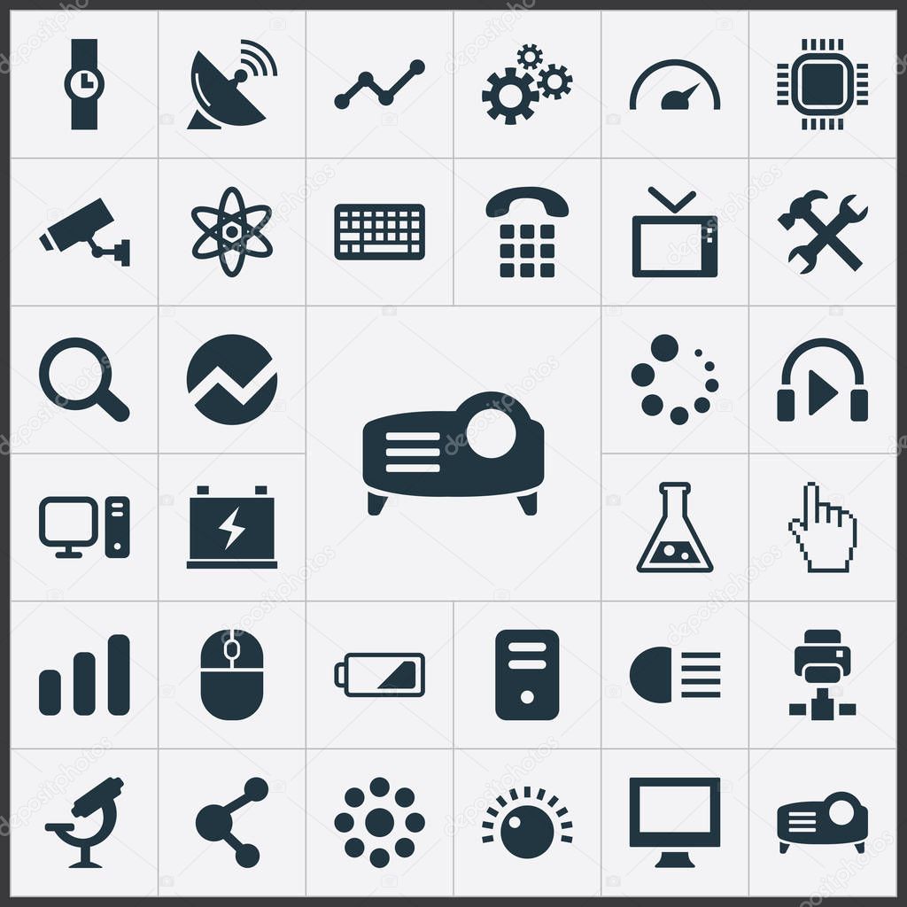 Vector Illustration Set Of Simple Device Icons. Elements Share, Satellite Antenna, Processor And Other Synonyms Drug, Security And Wristwatch.