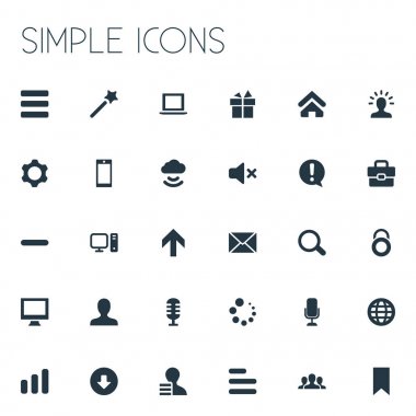 Vektör çizim basit tasarım simgeler kümesi. Öğeleri bayrak, kullanıcı, zihin kilit koruma ve diğer eş, izlemek ve düğme.