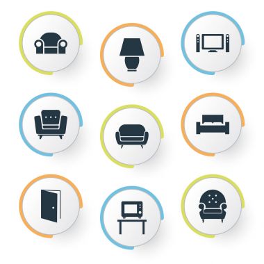 Vektör çizim basit mobilya simgeler kümesi. Öğeleri Easychair, giriş, düz ekranlı ve diğer eş Lounge, mobilya ve sinema.