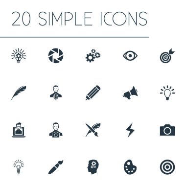 Basit görsel sanat kümesi illüstrasyon vektör simgeler. Çizim aracı, hedef, inek ve diğer eş anlamlı elektrik öğeleri Dişliler ve soruşturma.