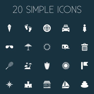 Vektör çizim basit Seaside simgeler kümesi. Öğeleri Sunrise, denge, kamp karavan ve diğer eş anlamlı kum çöp ve flama.