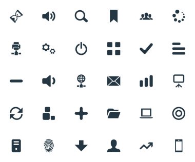 Vektör çizim basit Apps simgeler kümesi. Öğeleri kum zamanlayıcı, artış, Büyüteç'i eş anlamlı yönetim kurulu, tuval ve dalgalanma.