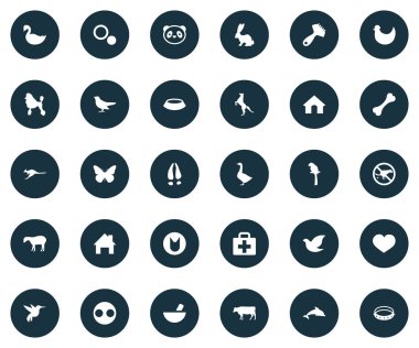 Vektör çizim basit Fauna simgeler kümesi. Öğeleri Sukuşu, Mandıra, kıvırcık köpek yavrusu ve diğer eş anlamlı Monarch Hipodrom ve tıp.