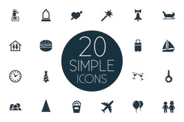 Vektör çizim basit tatil simgeler kümesi. Öğeleri kokteyl, likör, Emanet kauçuk ve diğer eş anlamlı ok seyahat ve şapka.