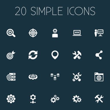 Vektör çizim basit inceleme simgeler kümesi. Öğeleri veritabanı dağıtım, keskin nişancı, korumalı klasör ve diğer eş anlamlı nokta, Internet ve Dart.