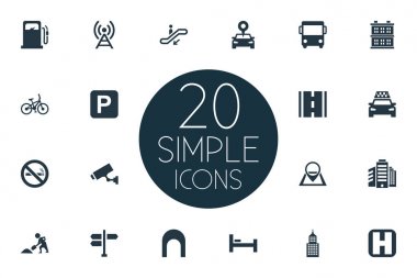 Vektör çizim basit altyapı simgeler kümesi. Öğeleri denetim, taksi, yürüyen merdiven ve diğer eş anlamlı Autobus merdiven ve üretim.