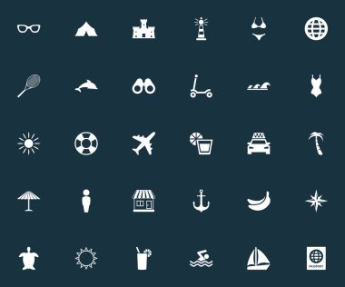 Vektör çizim basit Seaside simgeler kümesi. Öğeleri döngüsü, deniz, kaplumbağa ve diğer eş anlamlı egzotik spor ve gözlük.