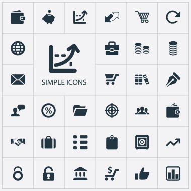 Vektör çizim basit bankacılık simgeler kümesi. Öğeleri çanta, ortaklık, eş anlamlı Portföy, alışveriş ve diğer gizlilik ve üzeri tarayıcılarda.