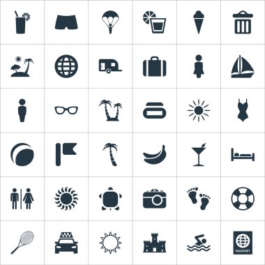 Vektör çizim basit Seaside simgeler kümesi. Öğeleri kokteyl, ada, koni eş anlamlı iç çamaşırı, meyve ve Bayan.