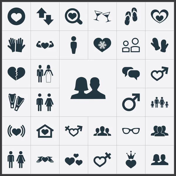 Vektör çizim basit Çift simgeler kümesi. Öğeleri kalp el, romantik, yön eş anlamlı grubu, damat ve düğün.