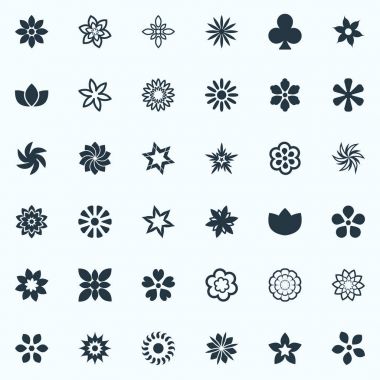 Vektör çizim basit simgeler kümesi. Öğeleri Larkspur, Peonies, gerbera ve diğer eş anlamlı Hibiscus, gül ve süsleme.