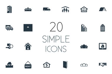 Vektör çizim basit özellik simgeler kümesi. Bilet öğeleri açık kapı, insanlar, yüksek katlı ve diğer eş anlamlı çevre ve konut.