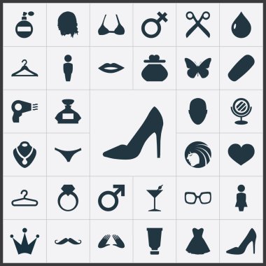 Vektör çizim basit güzellik simgeler kümesi. Öğeleri askı, öpücük, Blowdryer ve diğer eş anlamlı çanta, Mars ve dudakları.