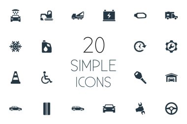 Vektör çizim basit araç simgeler kümesi. Öğeleri yakıt, özürlü, akümülatör eş anlamlı antifriz, Bina ve Van.