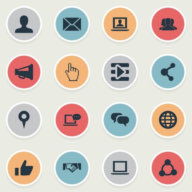 Vektör çizim basit Sosyal Medya simgeler kümesi. Öğeleri imleç, yayımlamak, ortam denetimi ve diğer eş anlamlı dizüstü bilgisayar ve işaretçi.