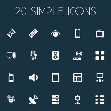 Vektör çizim basit aygıt simgeler kümesi. Öğeleri ağ, tokmak, parmak izi ve diğer eş anlamlı motoru, hesap makinesi ve aşağı.