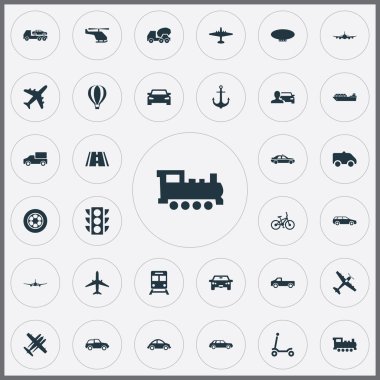 Vektör çizim basit ulaşım simgeler kümesi. Öğeleri lastik, Sedan, askeri savaş ve diğer eş anlamlı Mikser Automobilist ve Hatchback.